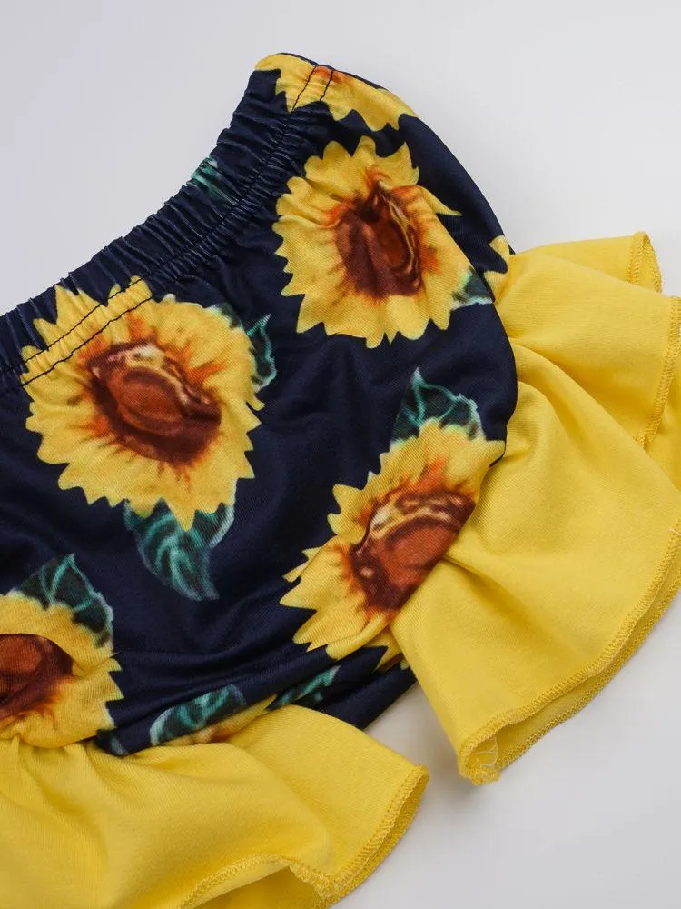 2-Piece Outfits Baby Cow Bodysuit Matching Frilled Sunflower Shorts