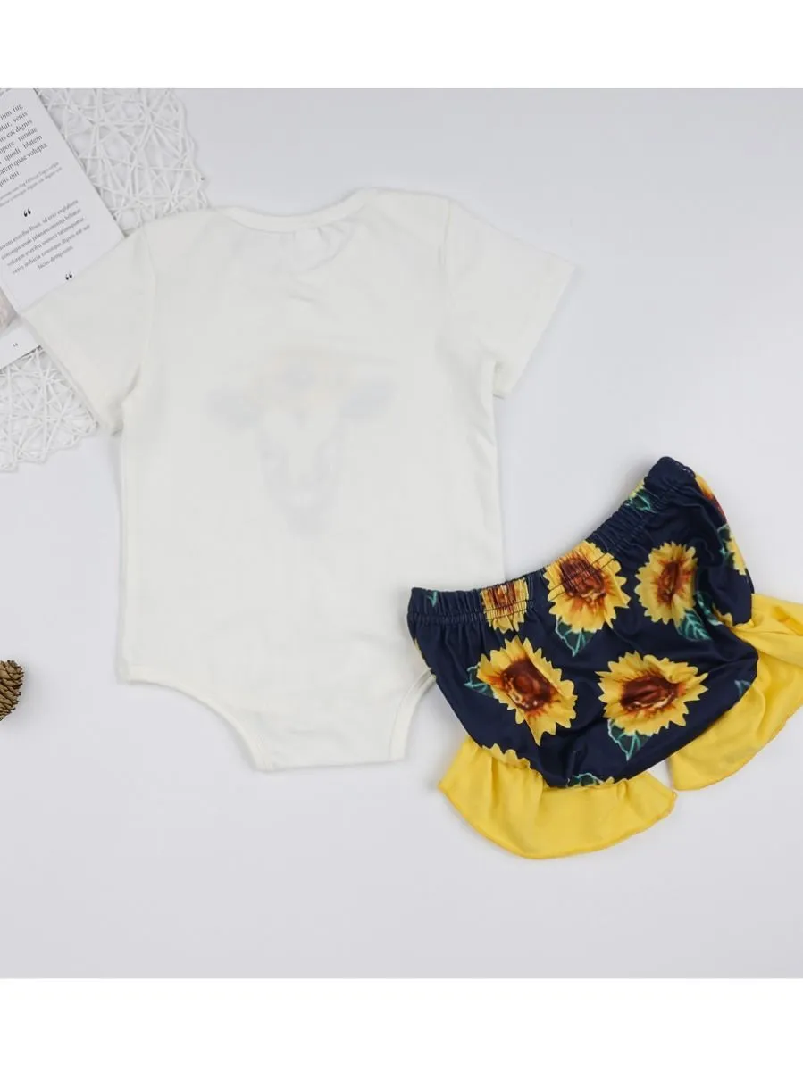 2-Piece Outfits Baby Cow Bodysuit Matching Frilled Sunflower Shorts