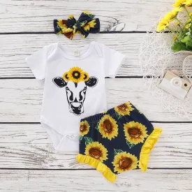 2-Piece Outfits Baby Cow Bodysuit Matching Frilled Sunflower Shorts