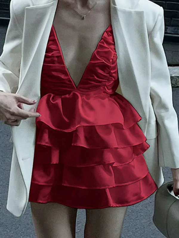 Backless Ruffle Tiered Slip Mini Dresses