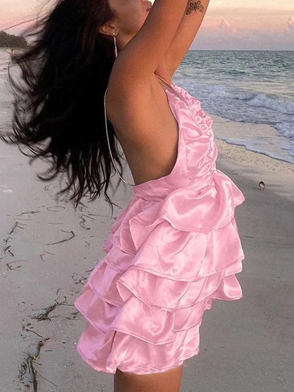 Backless Ruffle Tiered Slip Mini Dresses