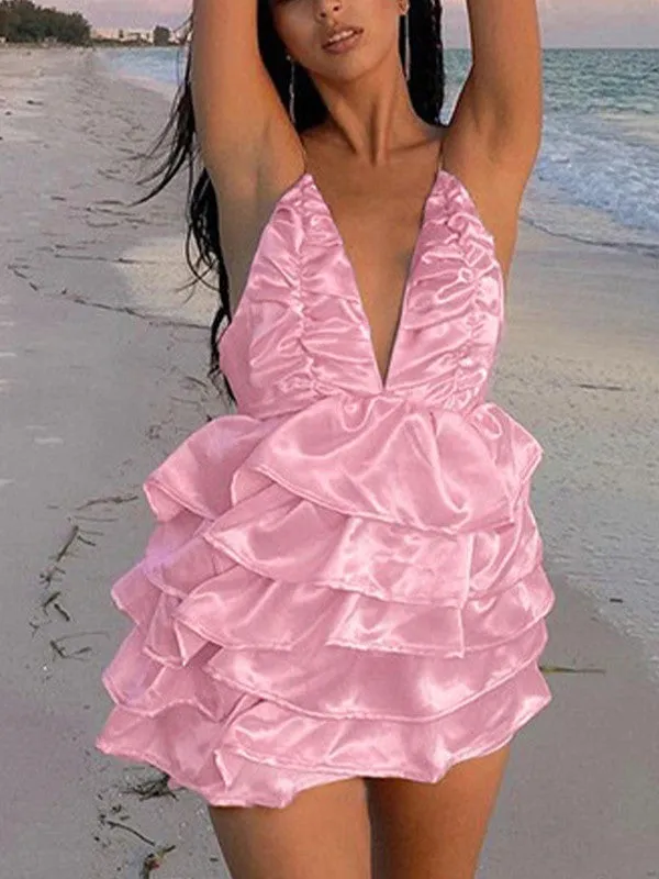Backless Ruffle Tiered Slip Mini Dresses