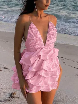 Backless Ruffle Tiered Slip Mini Dresses