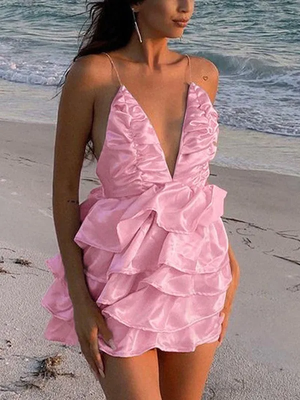 Backless Ruffle Tiered Slip Mini Dresses
