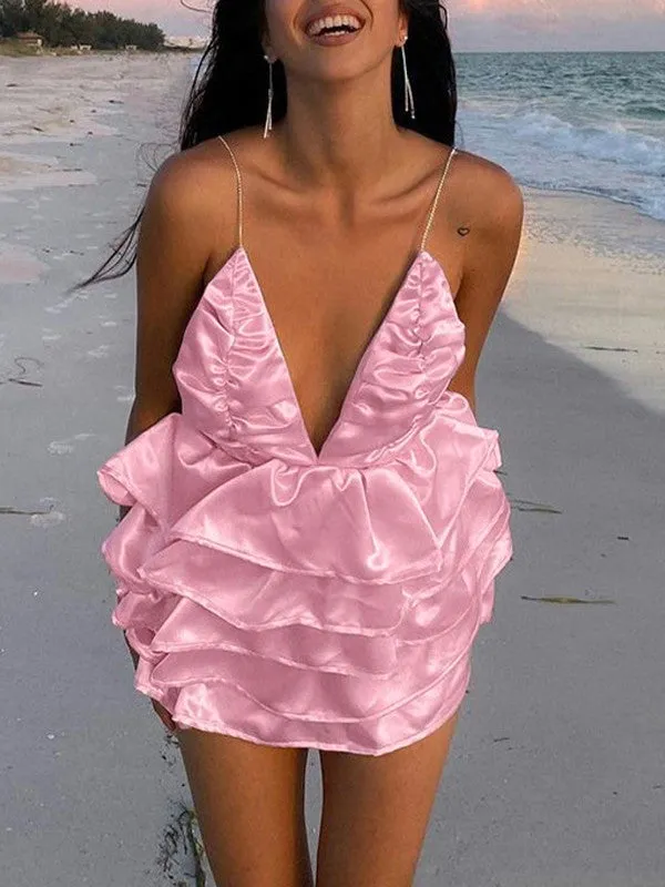 Backless Ruffle Tiered Slip Mini Dresses