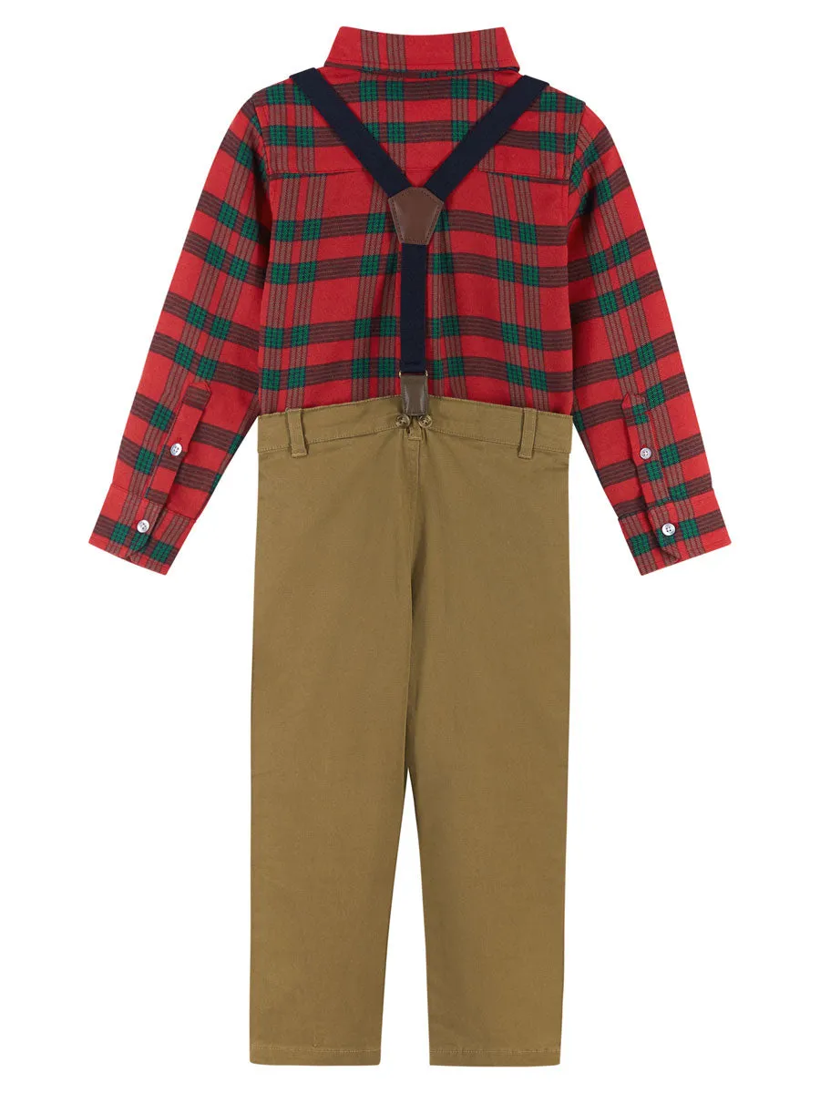 Boys Plaid Flannel Shirt, Twill Pants, Suspenders & Bow Tie 4pc Set