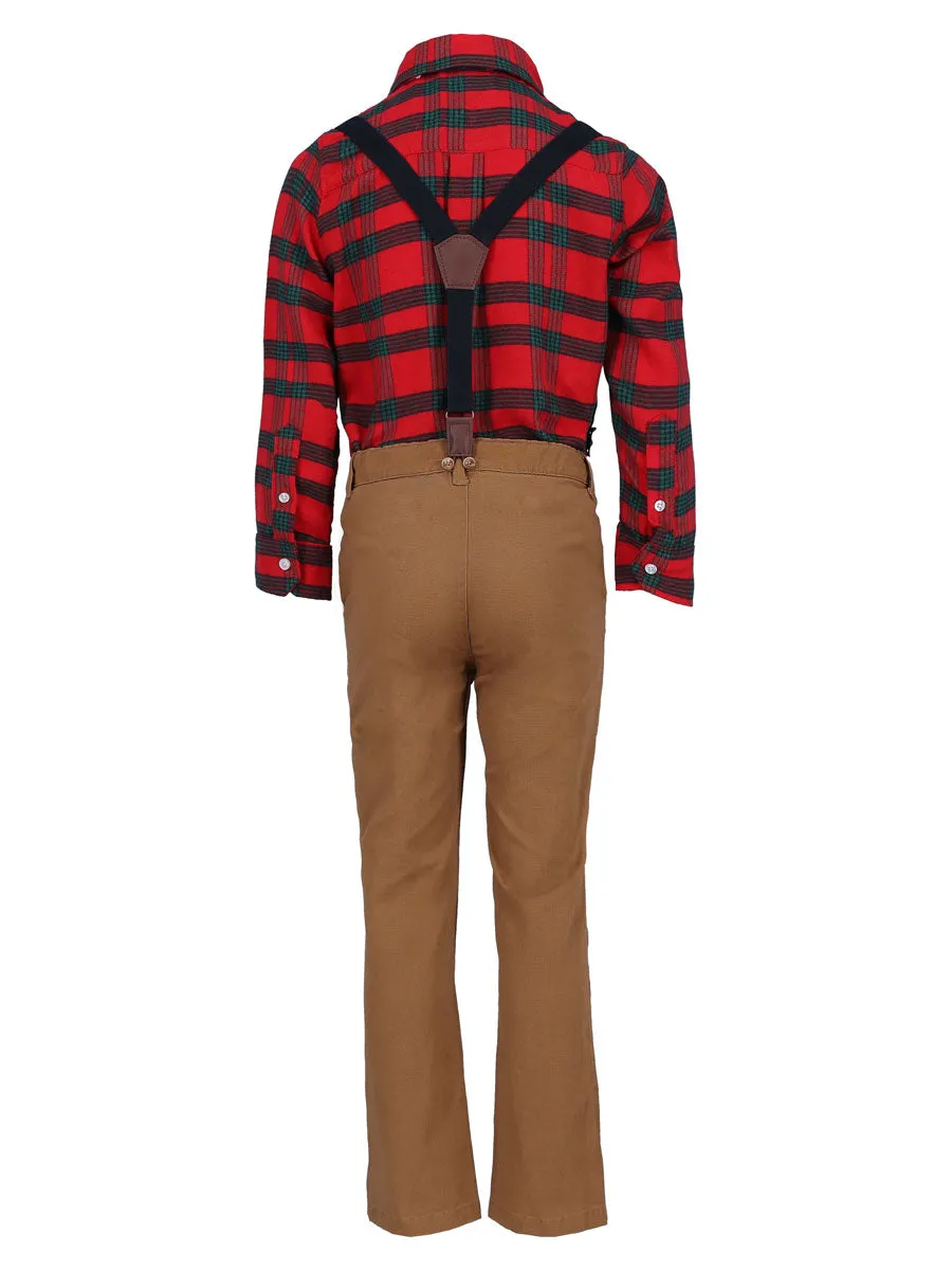 Boys Plaid Flannel Shirt, Twill Pants, Suspenders & Bow Tie 4pc Set