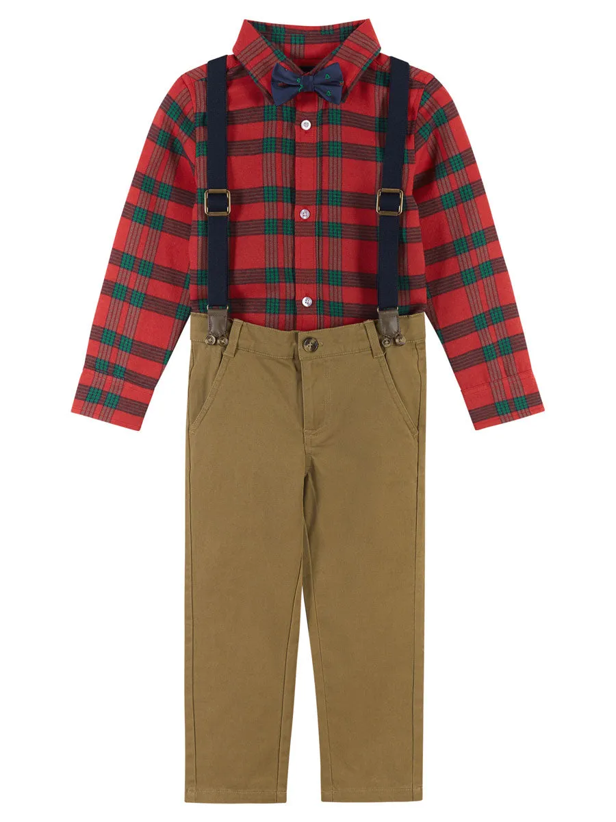 Boys Plaid Flannel Shirt, Twill Pants, Suspenders & Bow Tie 4pc Set