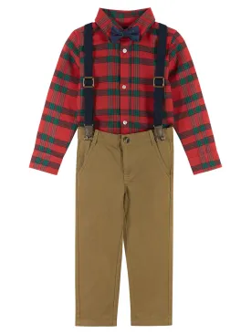 Boys Plaid Flannel Shirt, Twill Pants, Suspenders & Bow Tie 4pc Set