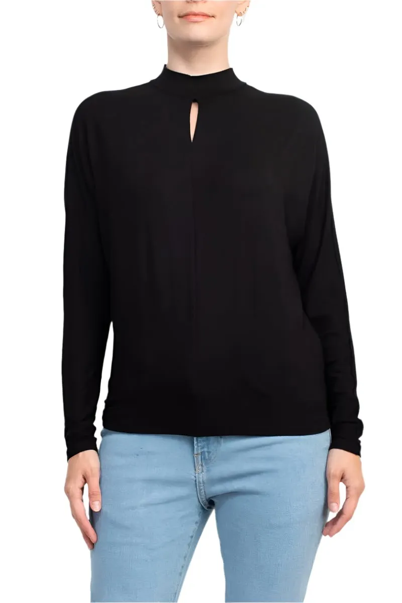 Catherine Malandrino High Neck Keyhole Front Long Sleeve Solid Knit Top by Curated Brands