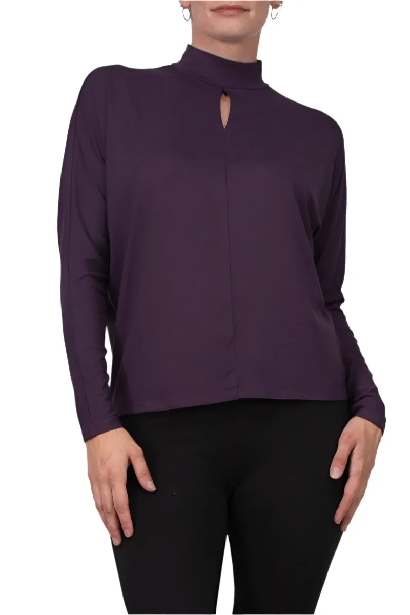 Catherine Malandrino High Neck Keyhole Front Long Sleeve Solid Knit Top by Curated Brands