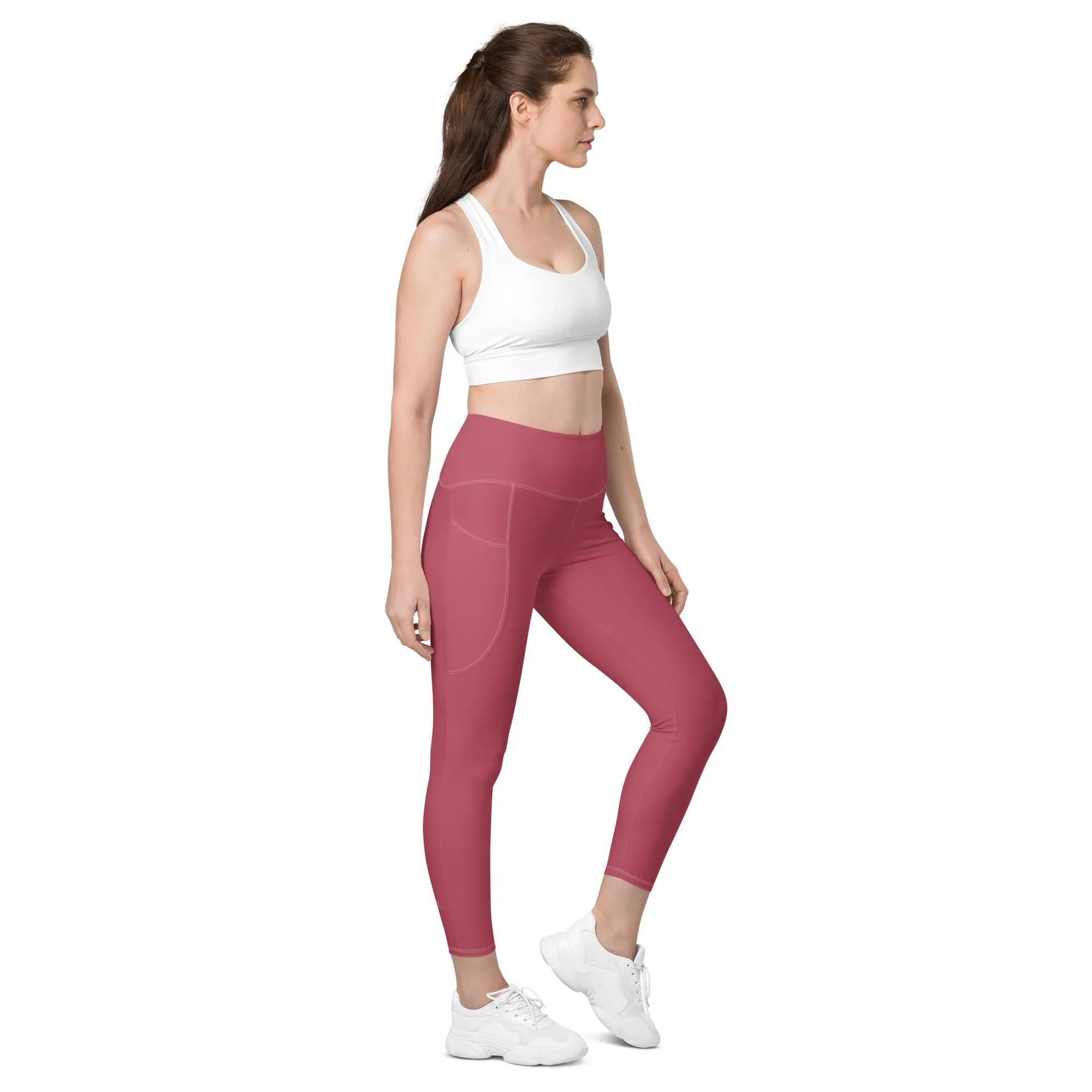 Dark Pink Women's Tights, Solid Color Best Leggings With Pockets For Women - Made in USA/EU/MX