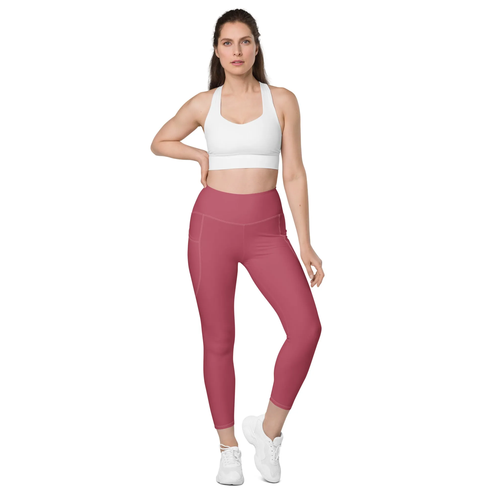Dark Pink Women's Tights, Solid Color Best Leggings With Pockets For Women - Made in USA/EU/MX