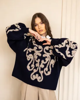 EMBROIDERED KNIT PULLOVER-BLUE BLACK
