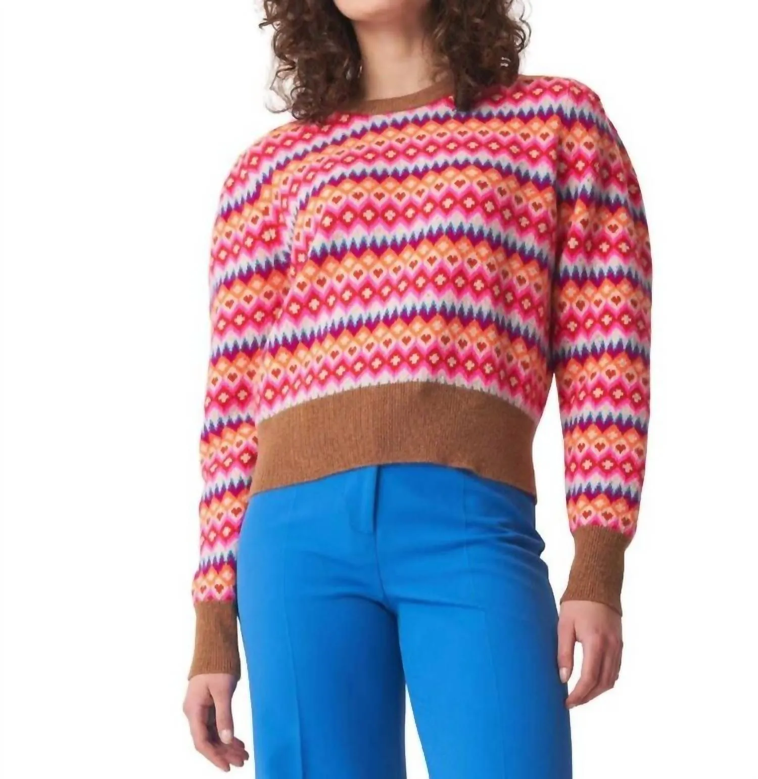 Farley Fairisle Puff Sleeve In Leslie/lagoon, Dhalia, Barbie Pink, Neon Orange,