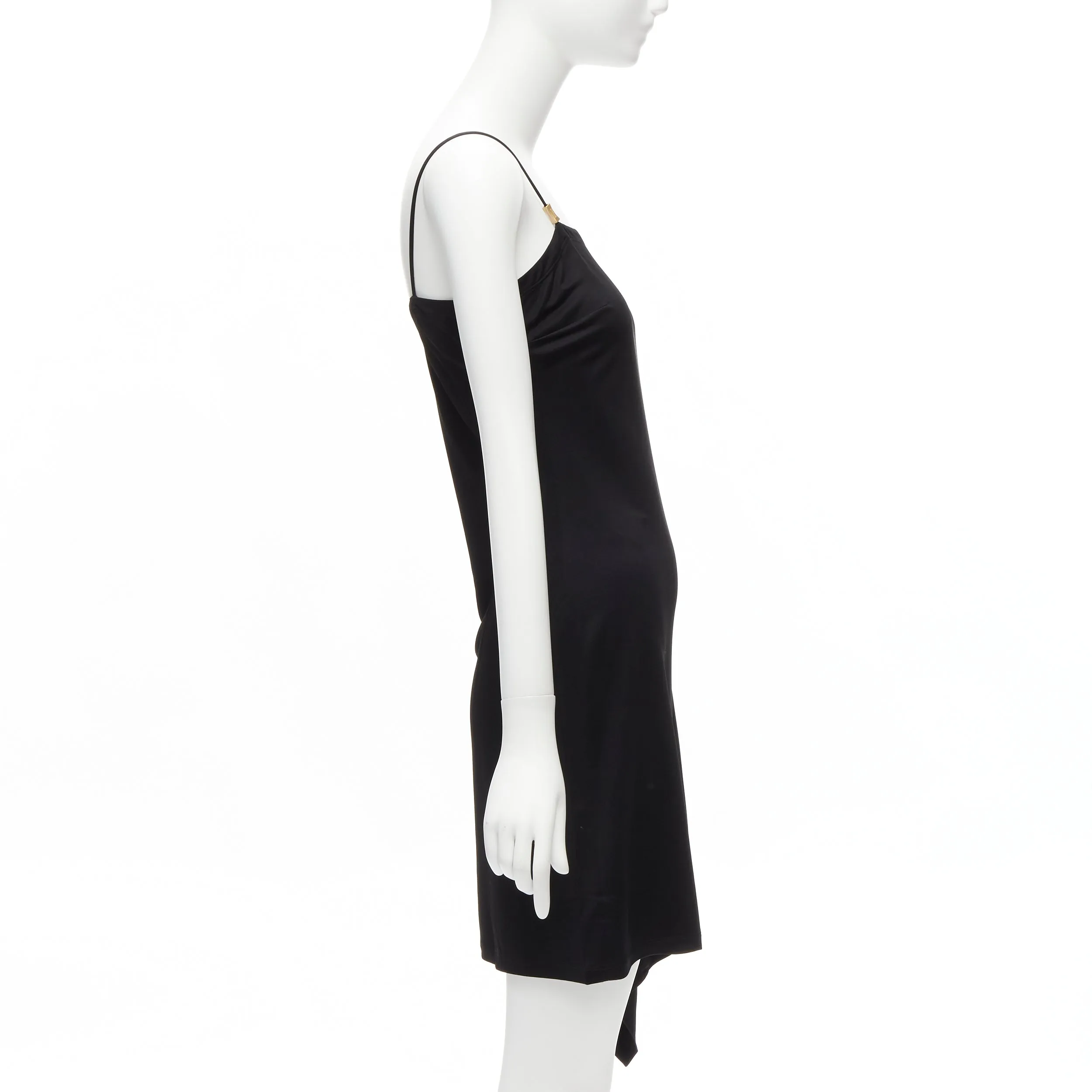 GIANNI VERSACE Vintage gold logo charm asymmetric drape slip mini dress