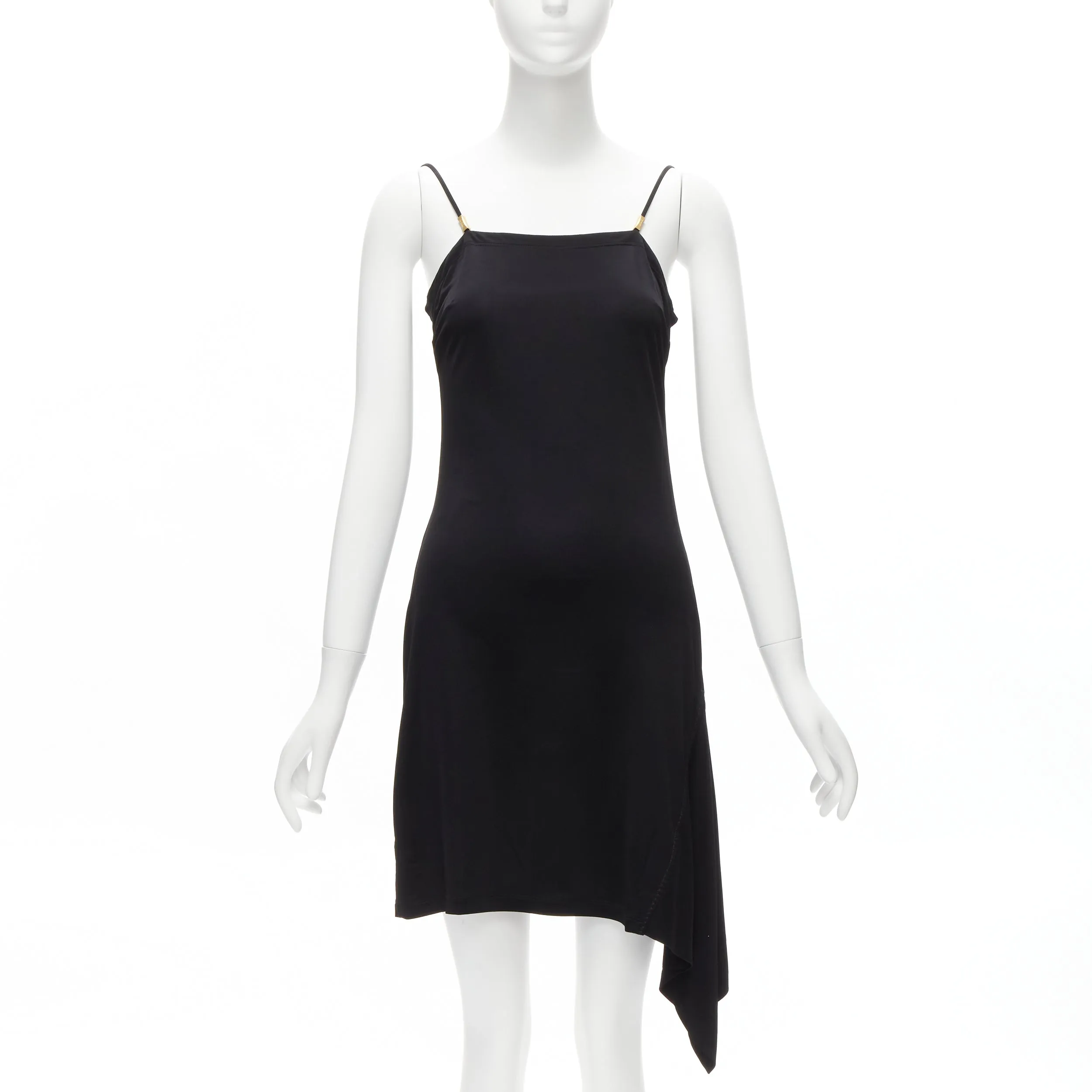 GIANNI VERSACE Vintage gold logo charm asymmetric drape slip mini dress