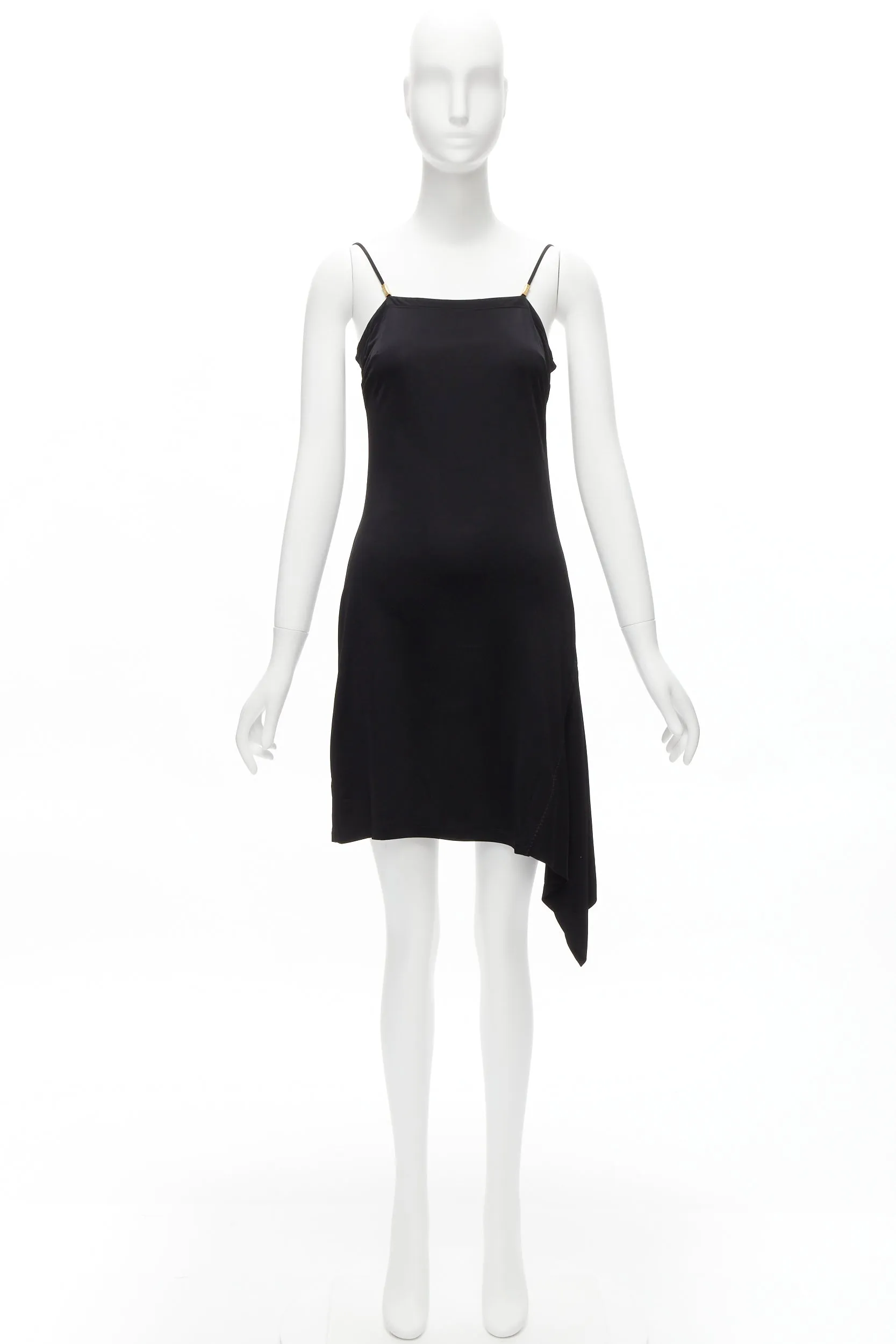 GIANNI VERSACE Vintage gold logo charm asymmetric drape slip mini dress
