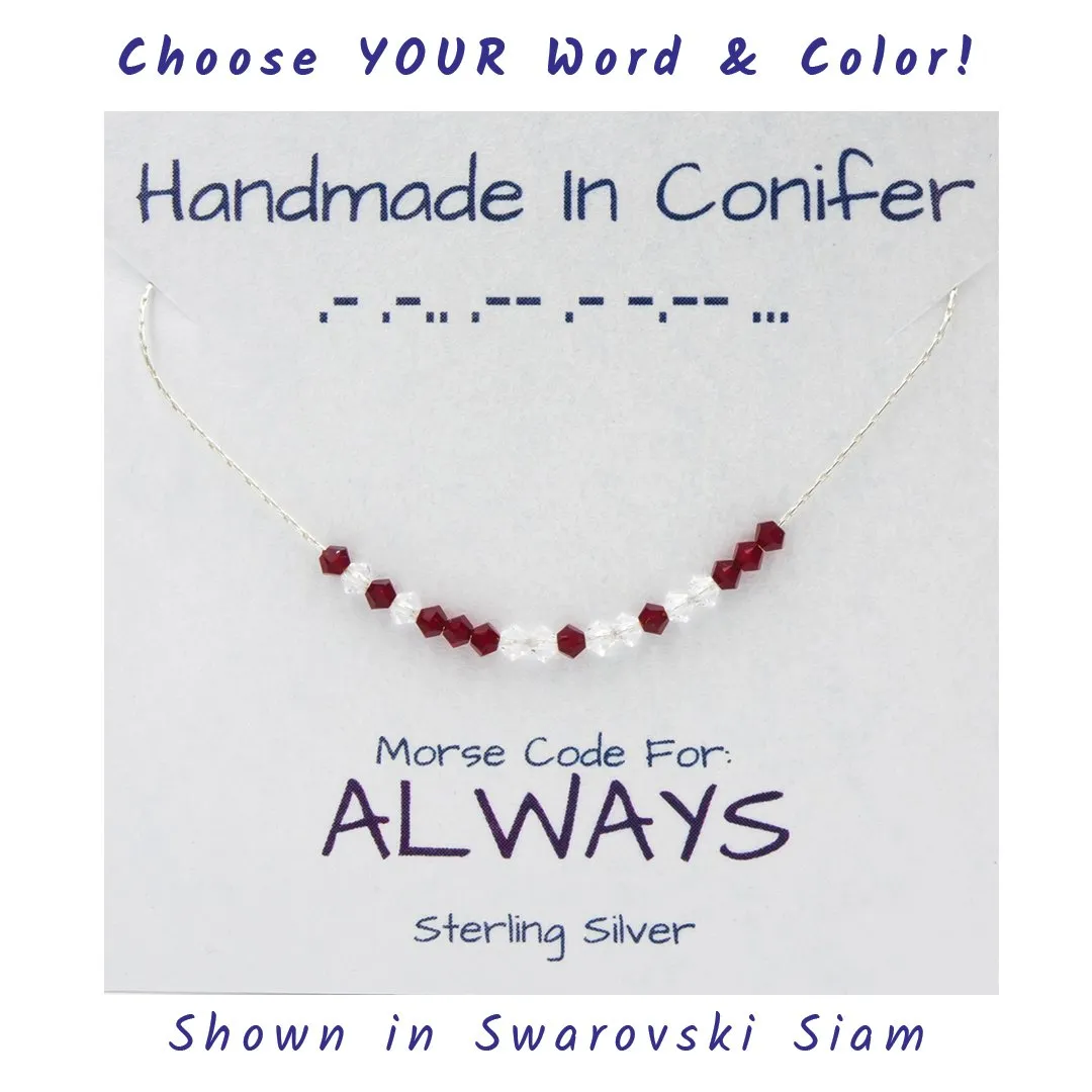 Handmade Spells YOUR Words In Morse Code | Sterling Silver Necklace | Custom Swarovski Crystal Color | Adjustable Length | Eco-Friendly Jewelry
