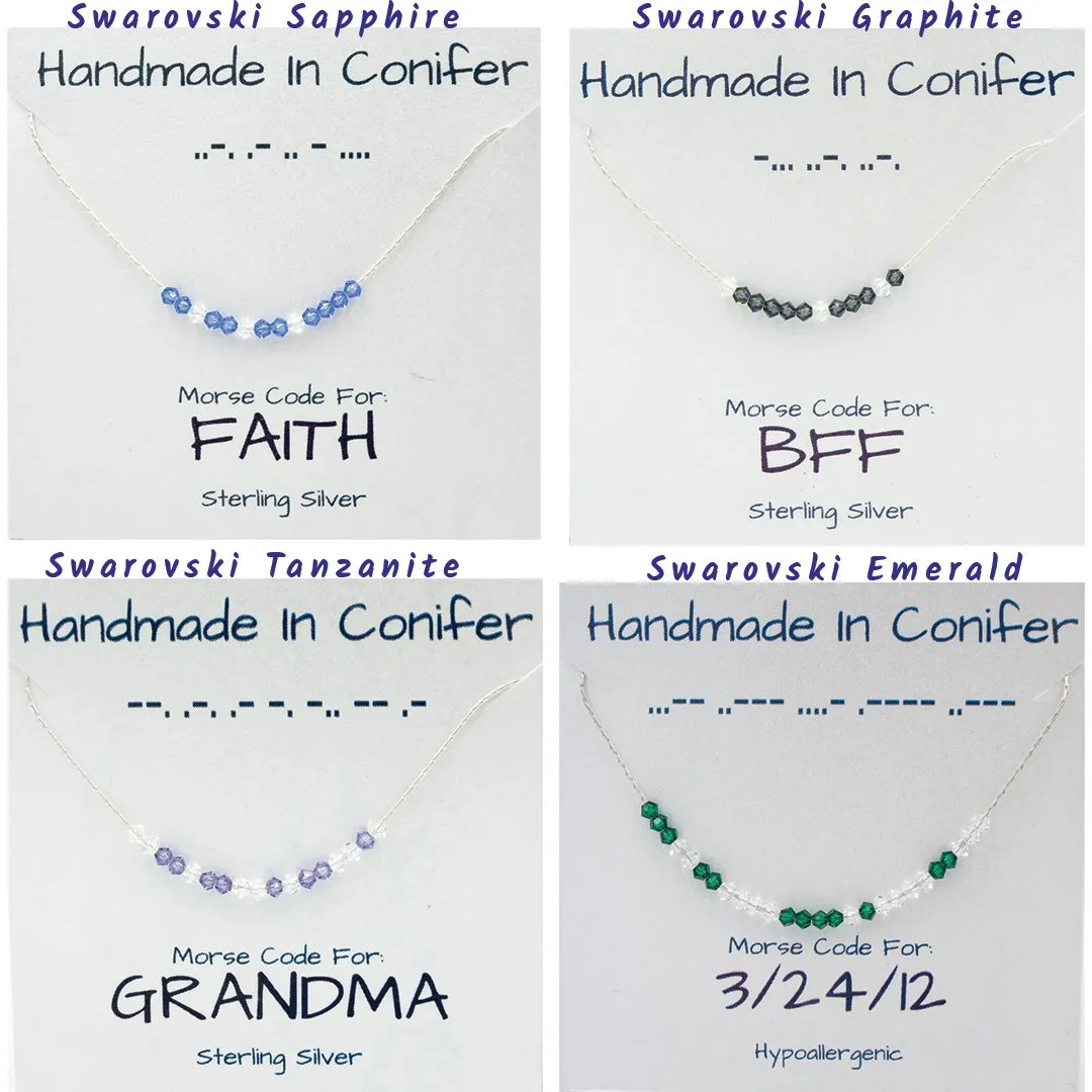 Handmade Spells YOUR Words In Morse Code | Sterling Silver Necklace | Custom Swarovski Crystal Color | Adjustable Length | Eco-Friendly Jewelry