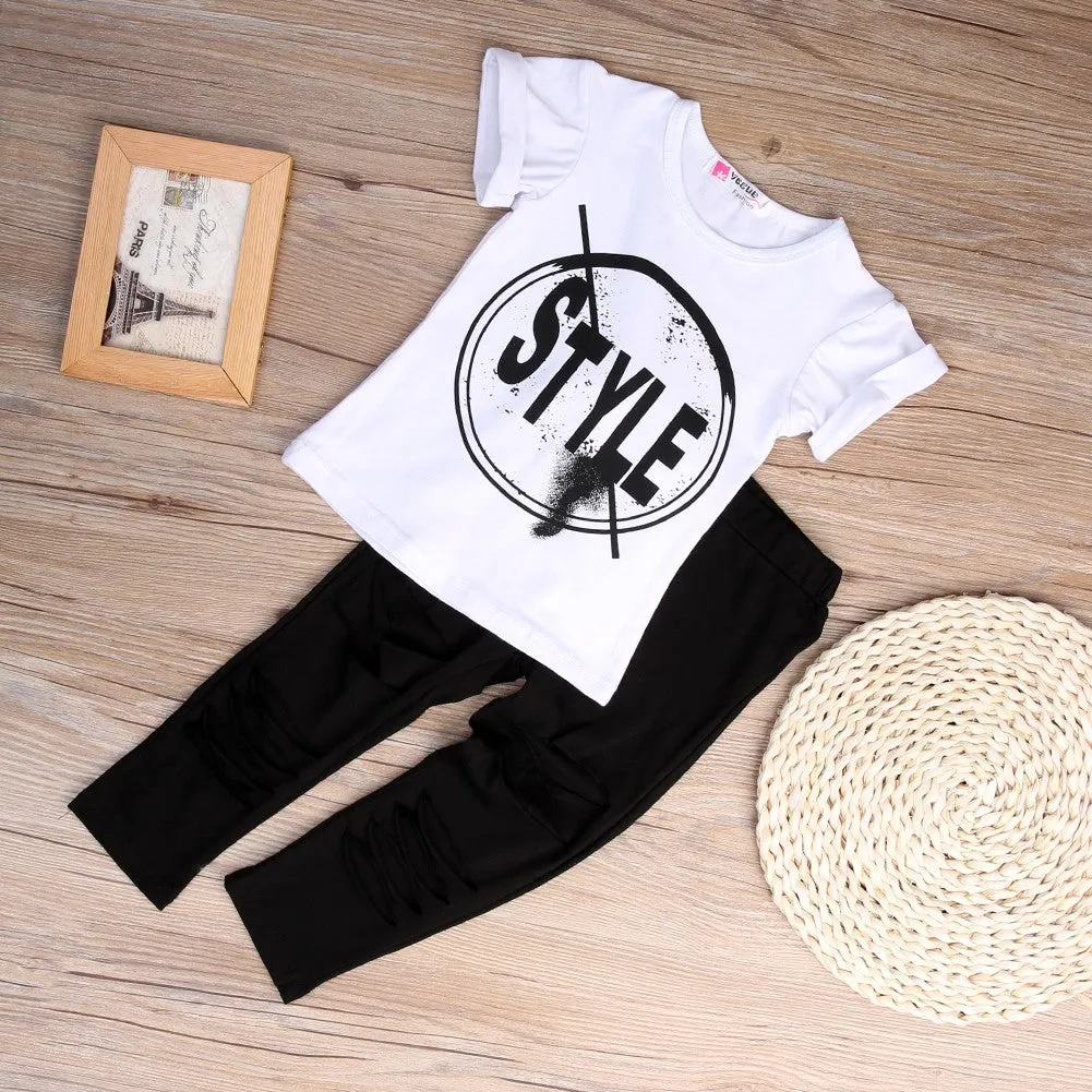 Kids Summer Short Sleeve Print T-Shirt Hole Pant Leggings 2PCS Outfit