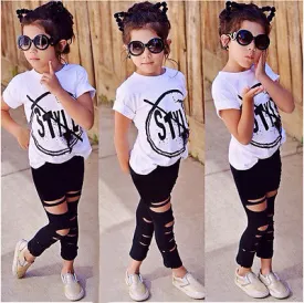 Kids Summer Short Sleeve Print T-Shirt Hole Pant Leggings 2PCS Outfit