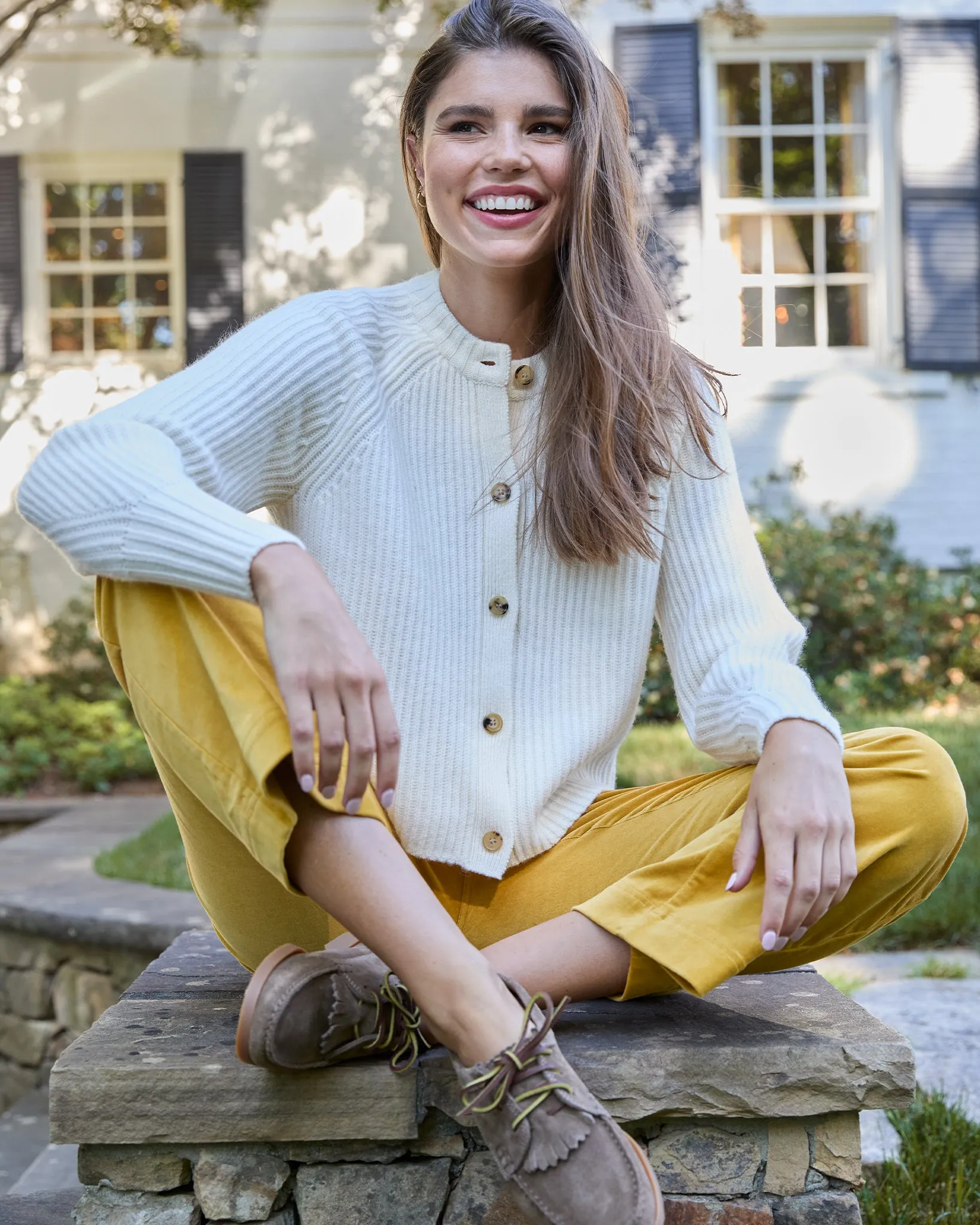 Lexie Shaker-Stitch Cardigan in Ivory Cashmere