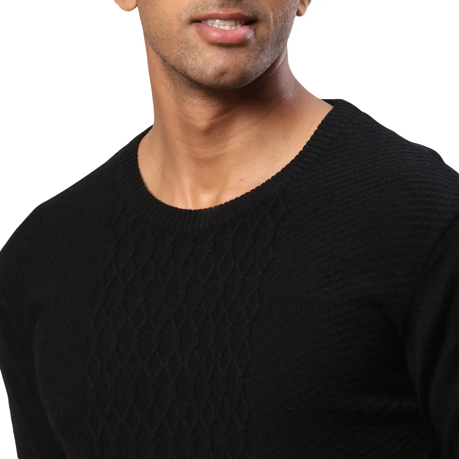 Men Black Structure Cable Acrylic Wool Blend Round Collar Sweaters