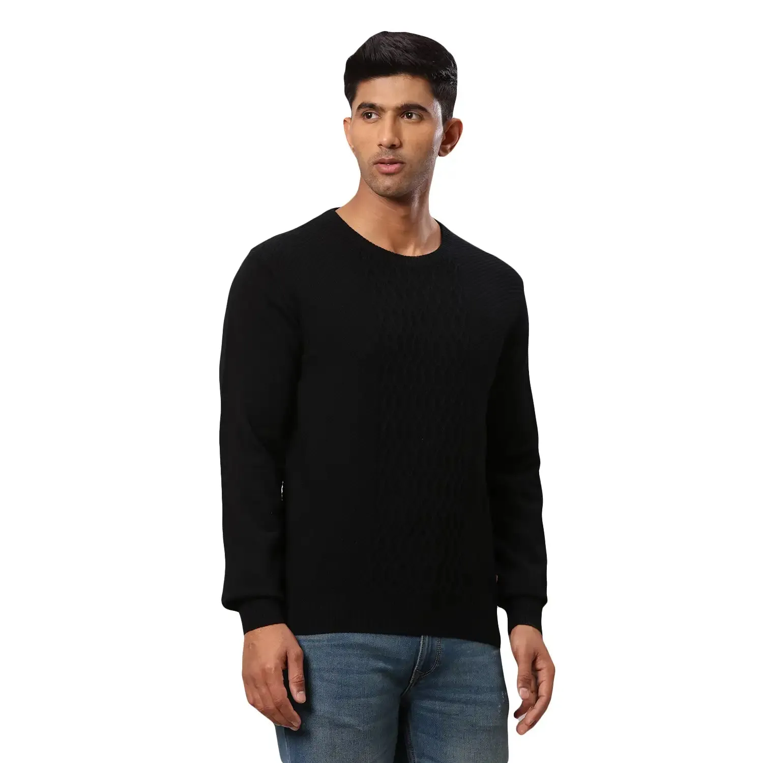 Men Black Structure Cable Acrylic Wool Blend Round Collar Sweaters
