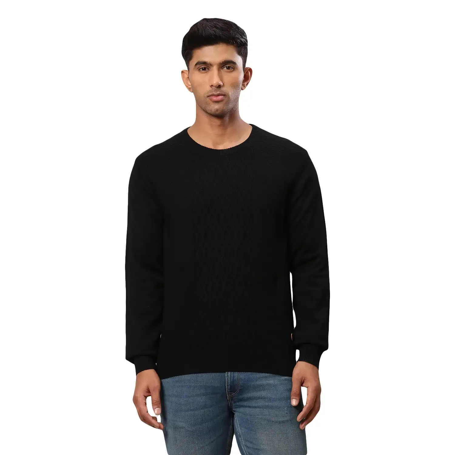 Men Black Structure Cable Acrylic Wool Blend Round Collar Sweaters