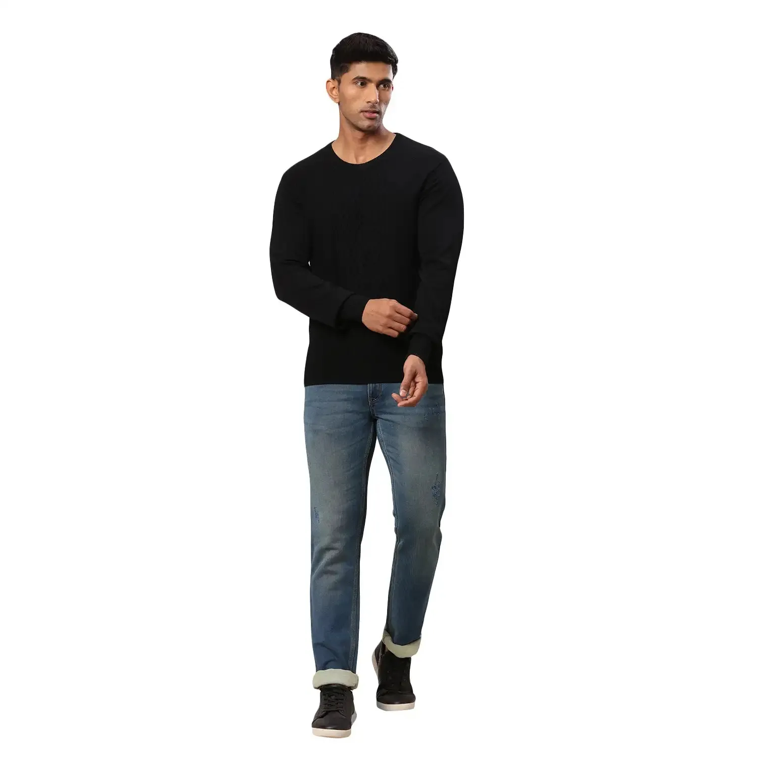 Men Black Structure Cable Acrylic Wool Blend Round Collar Sweaters