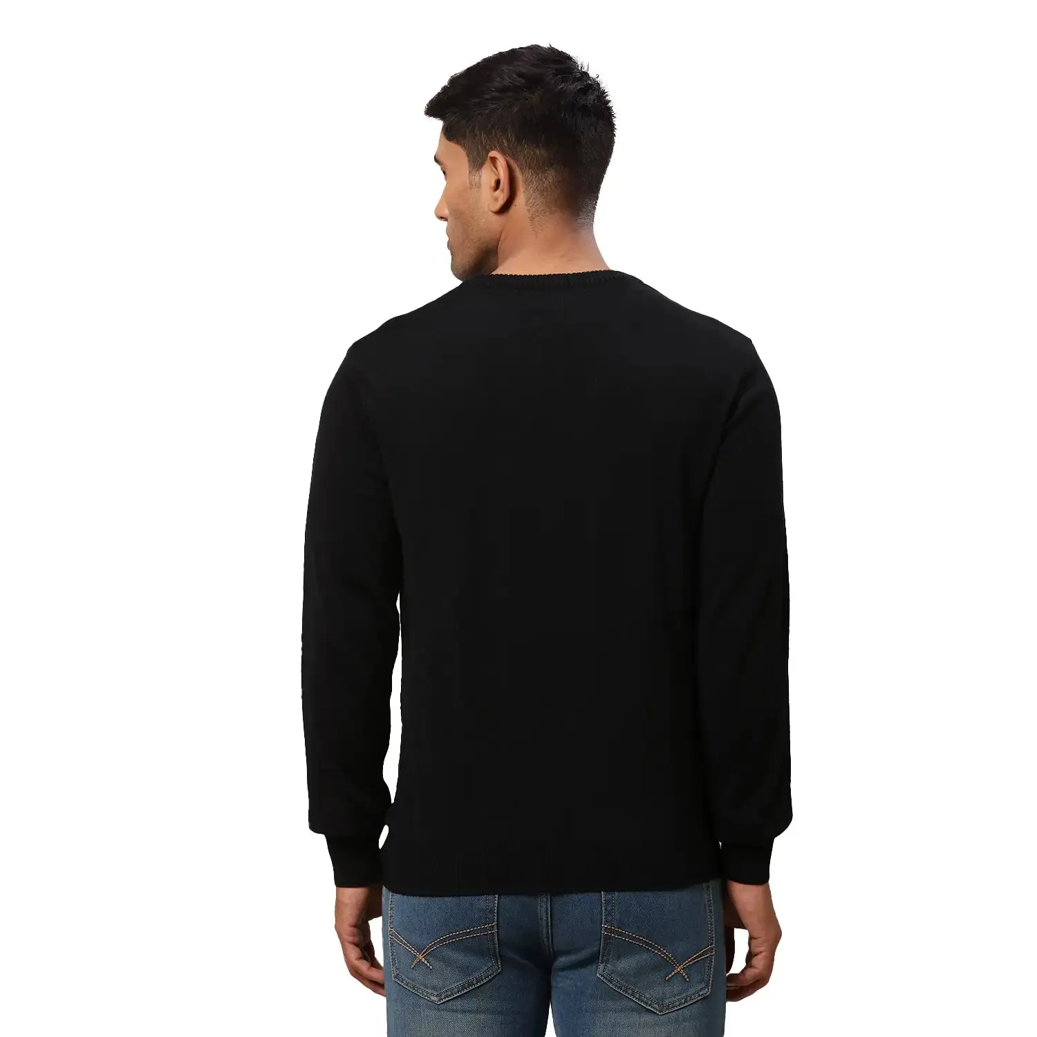 Men Black Structure Cable Acrylic Wool Blend Round Collar Sweaters