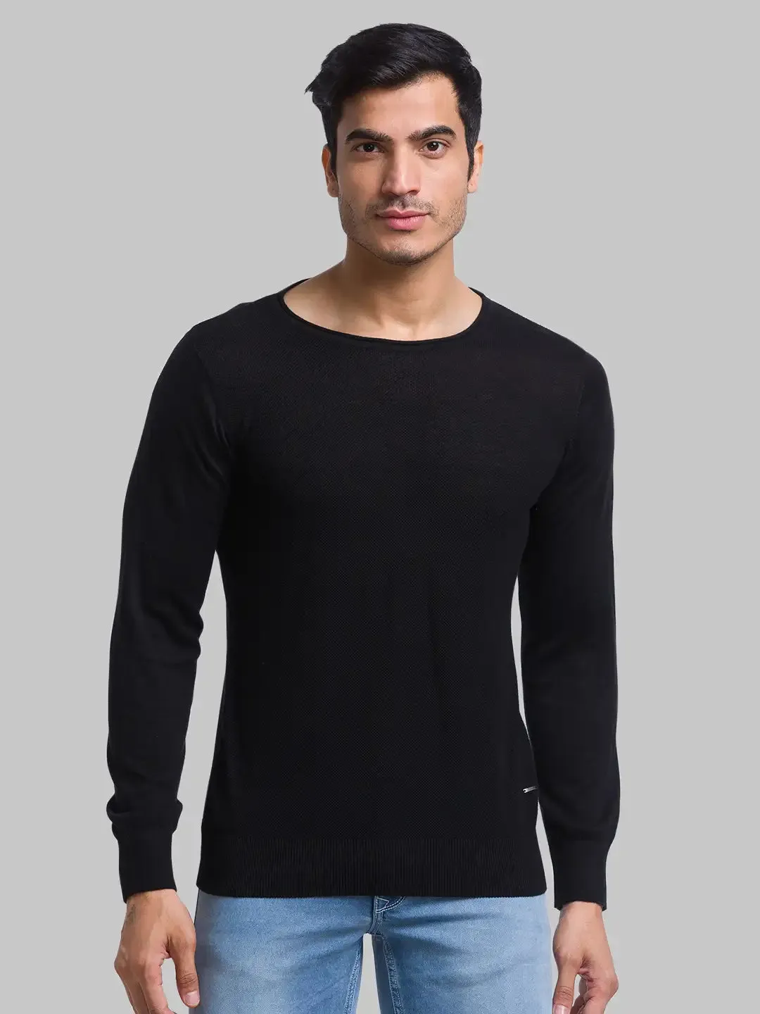 Men Black Structure Cotton Full Sleeve Sweaters