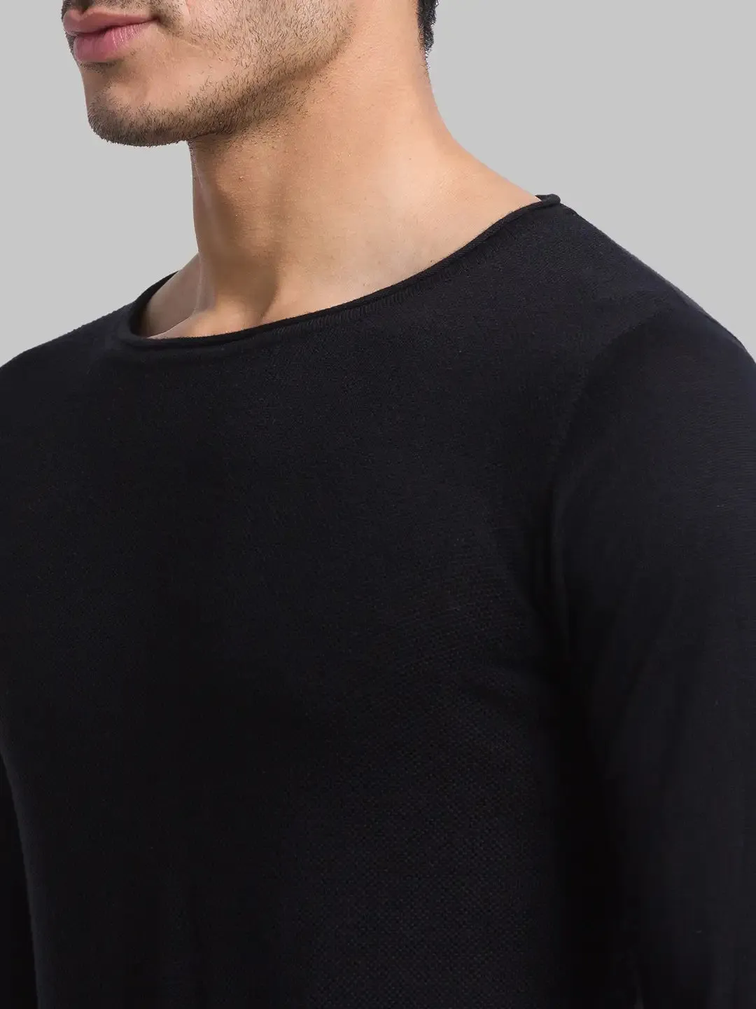 Men Black Structure Cotton Full Sleeve Sweaters