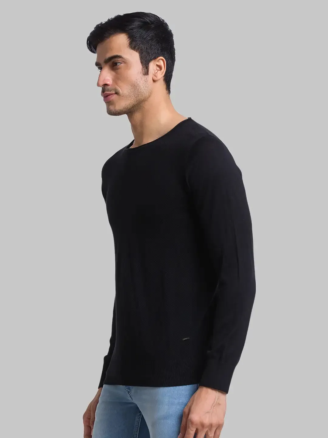 Men Black Structure Cotton Full Sleeve Sweaters