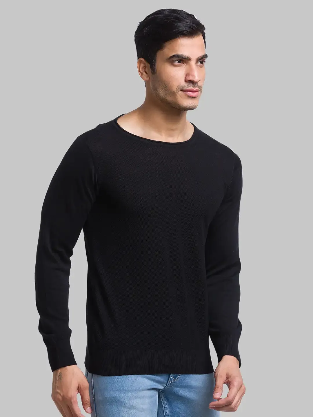 Men Black Structure Cotton Full Sleeve Sweaters