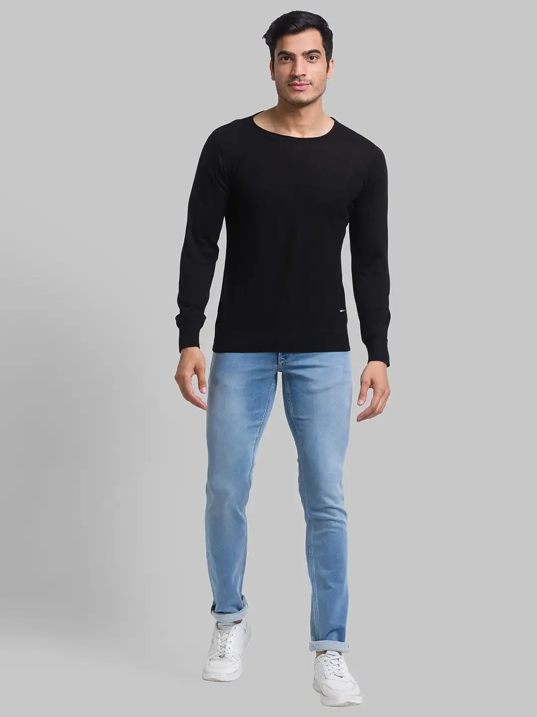 Men Black Structure Cotton Full Sleeve Sweaters
