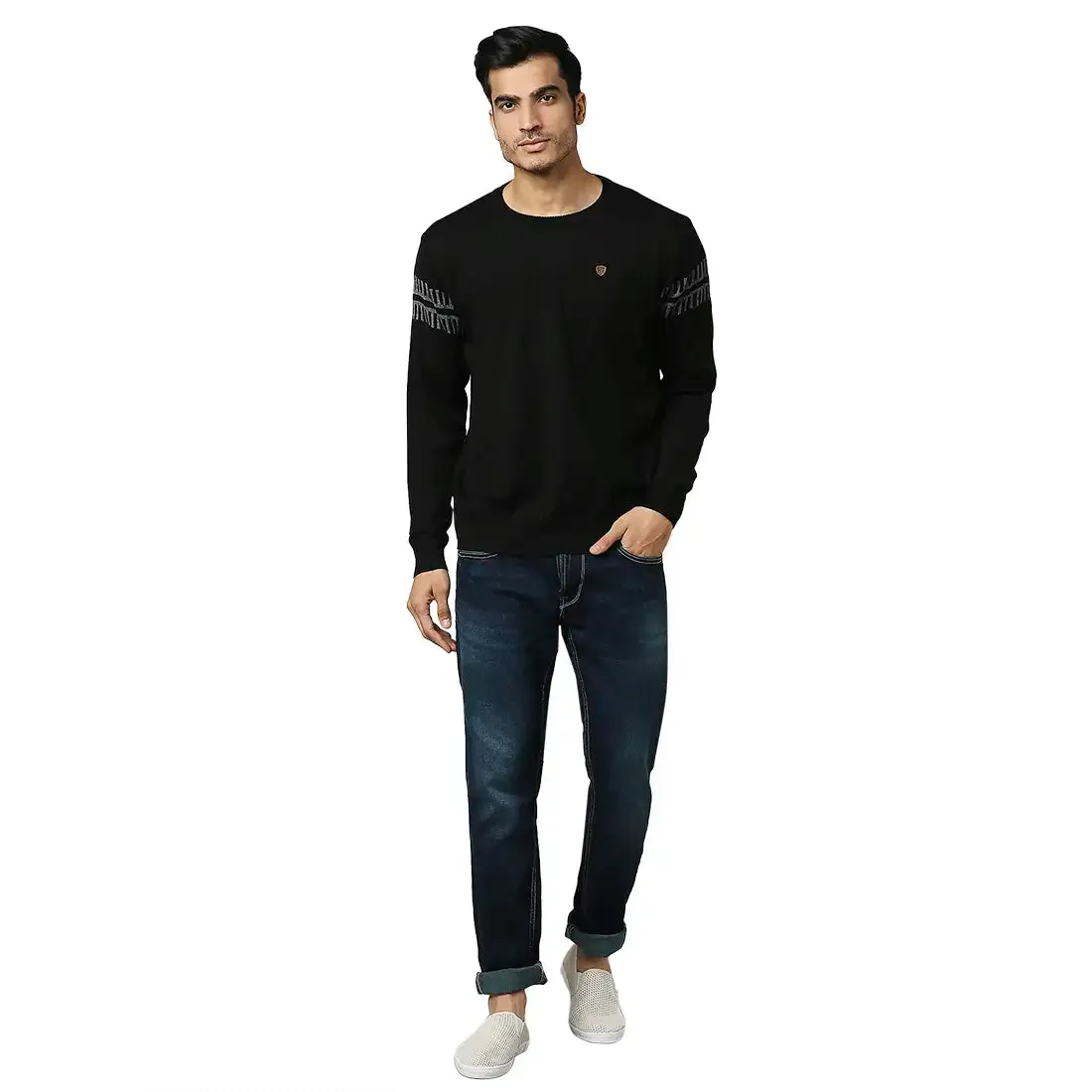 Men Black Structure Self Acrylic Wool Blend Round Collar Sweaters