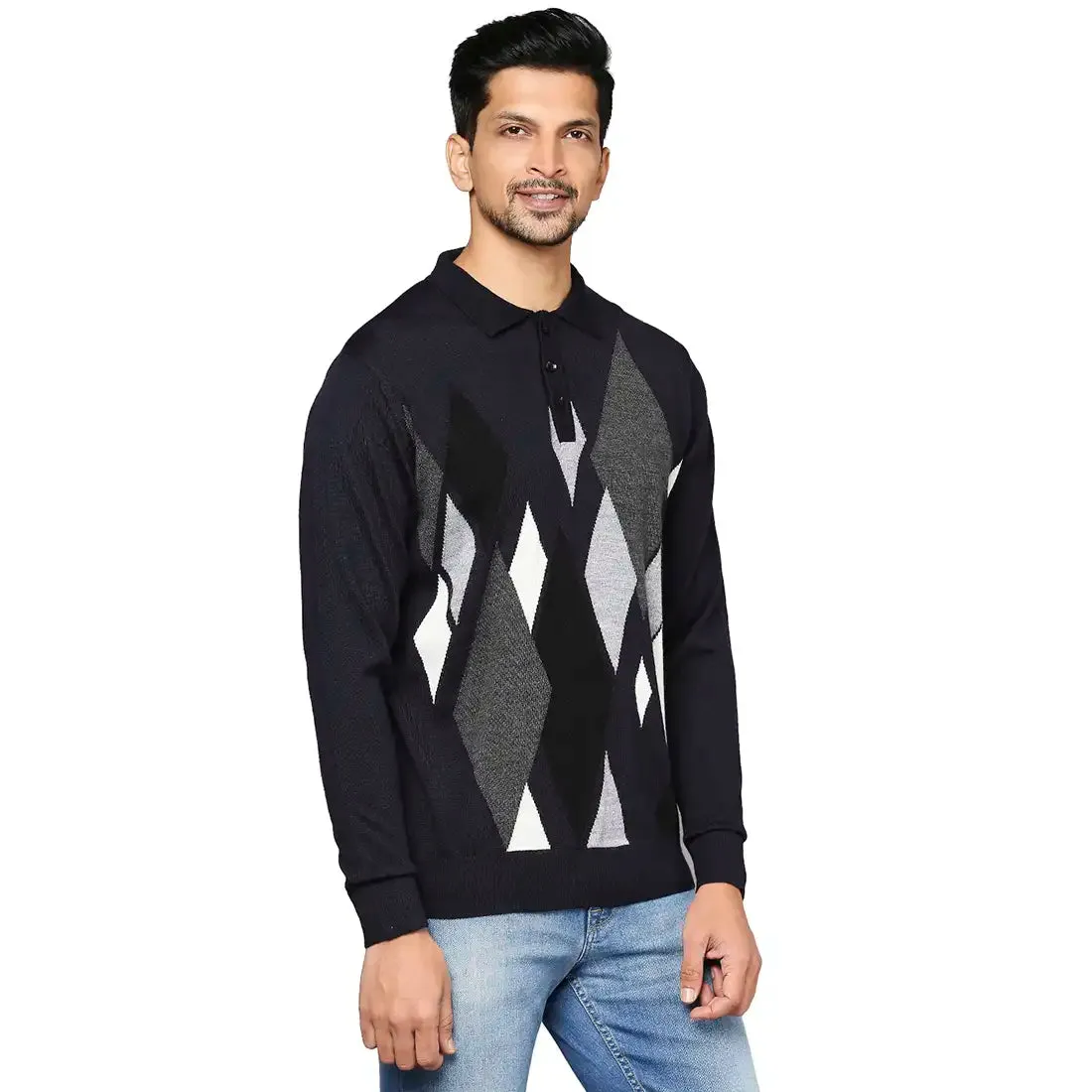 Men Grey Contemporary Fit Argyle Wool Blend Round Neck Collar Sweaters