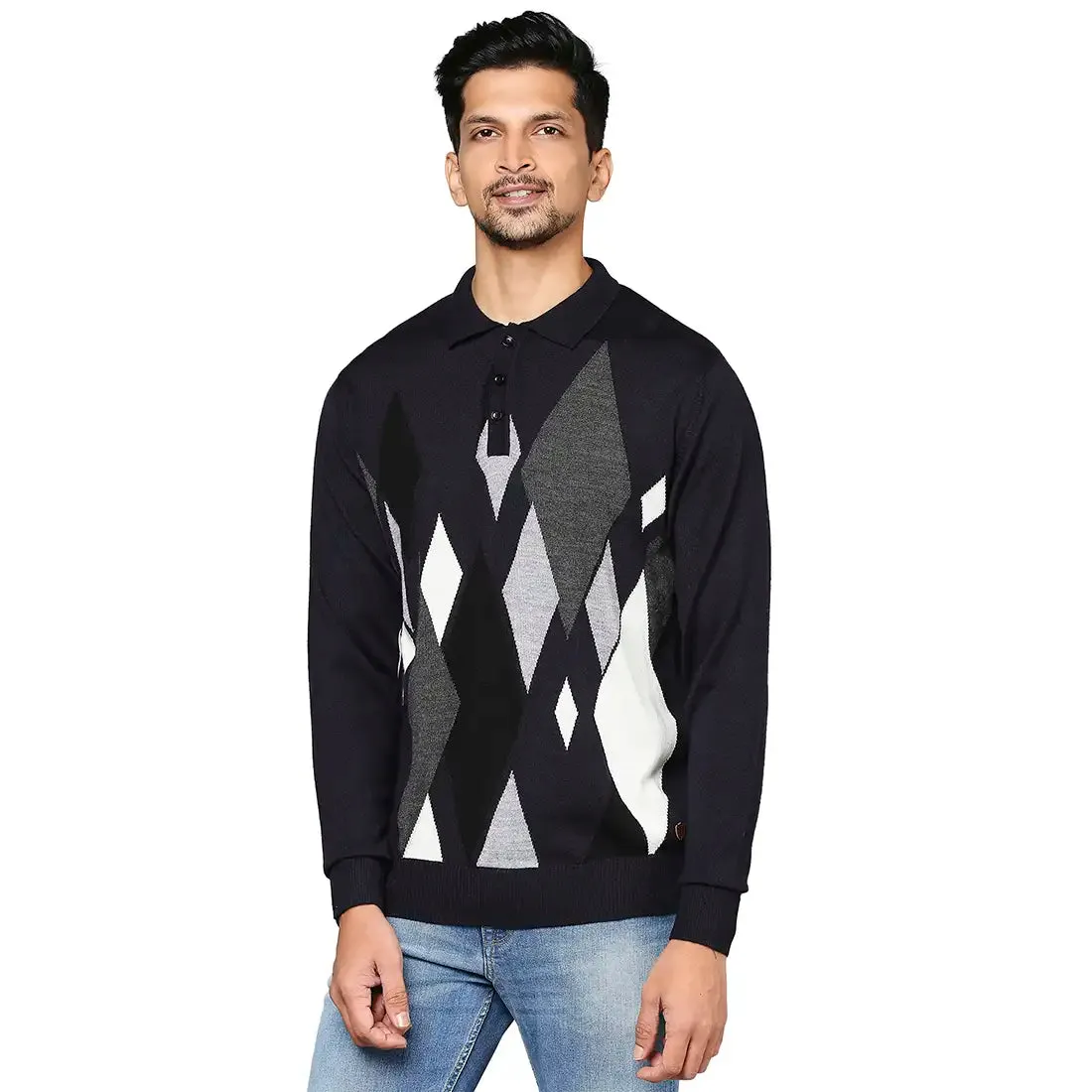 Men Grey Contemporary Fit Argyle Wool Blend Round Neck Collar Sweaters