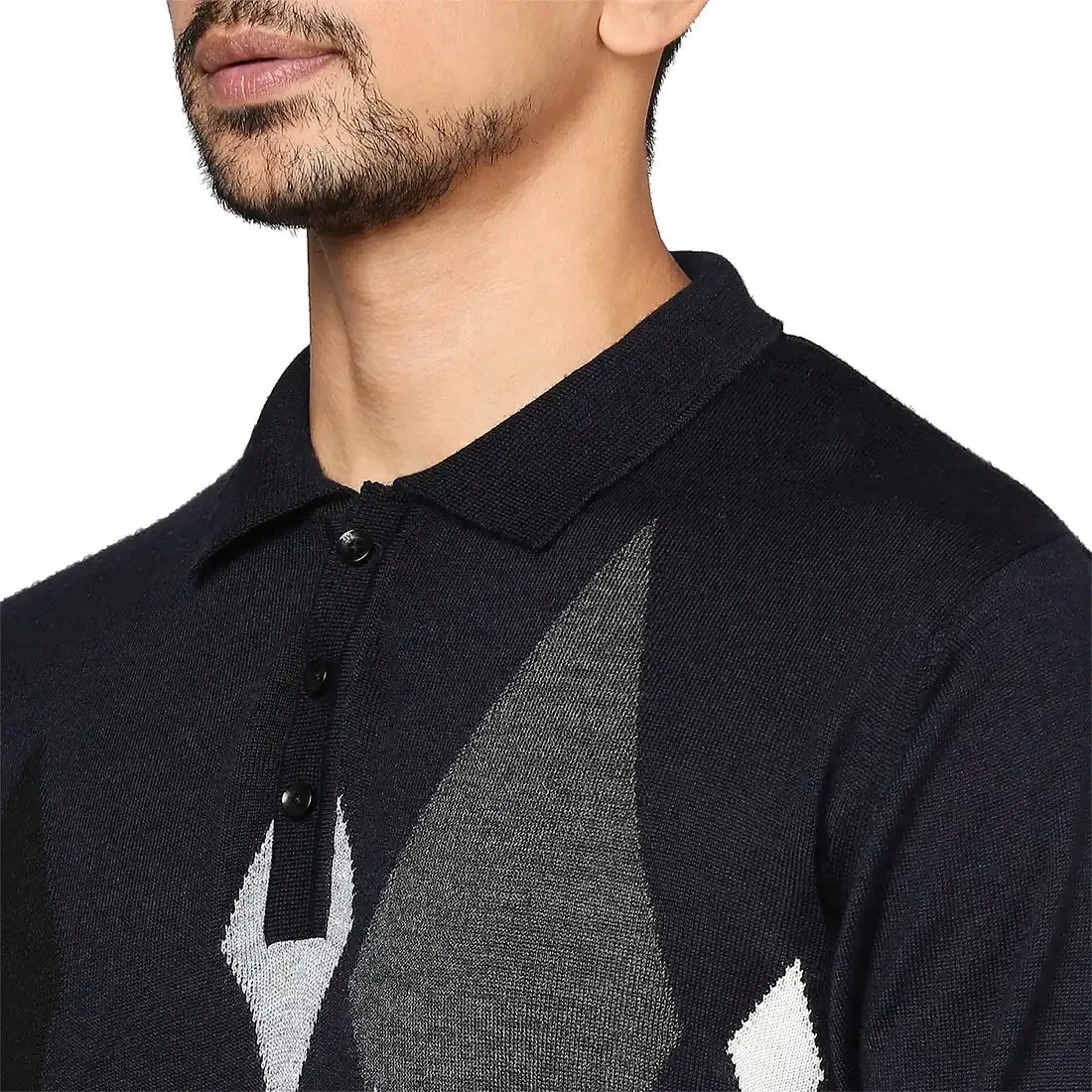 Men Grey Contemporary Fit Argyle Wool Blend Round Neck Collar Sweaters