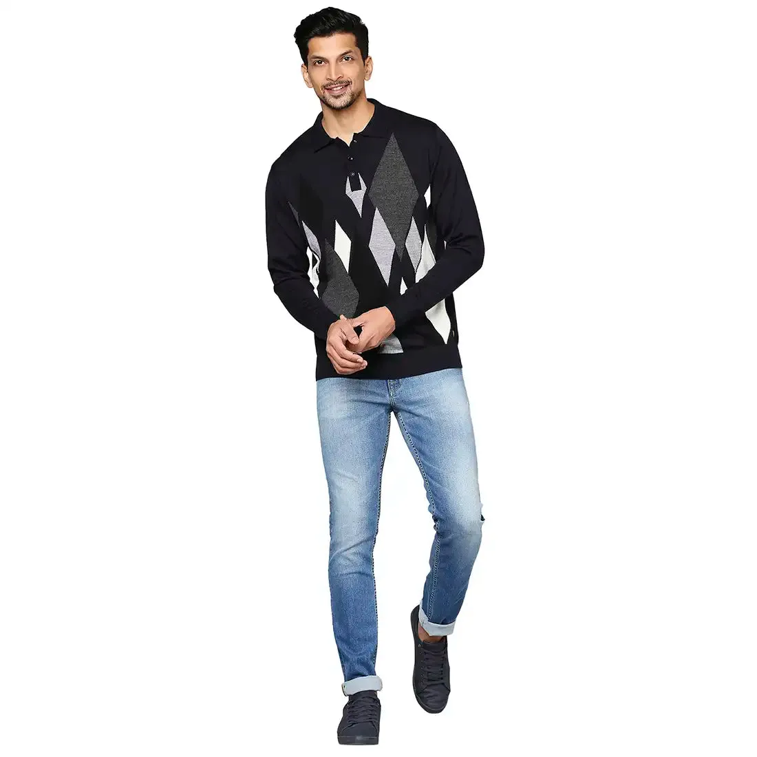 Men Grey Contemporary Fit Argyle Wool Blend Round Neck Collar Sweaters