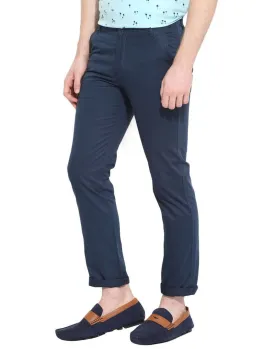 Men's Blue Cotton Solid Mid-Rise Casual Regular Fit Chinos