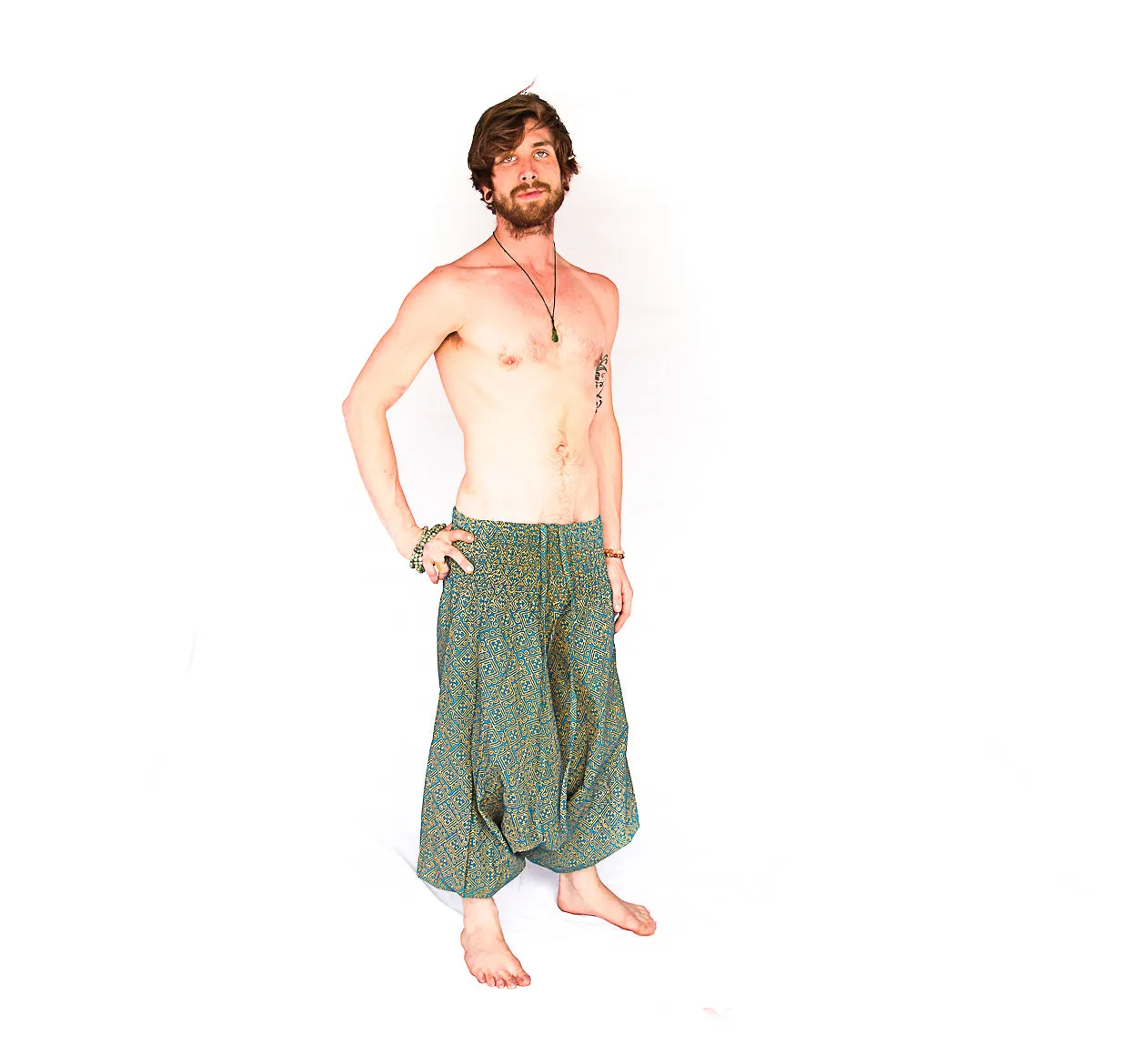 Men's Low Cut Harem Pants in Gold and Turquoise