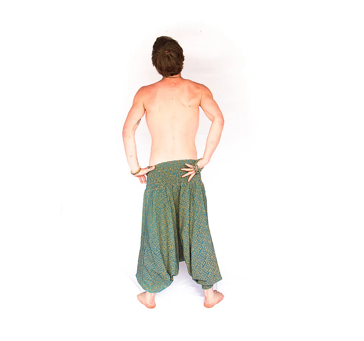 Men's Low Cut Harem Pants in Gold and Turquoise
