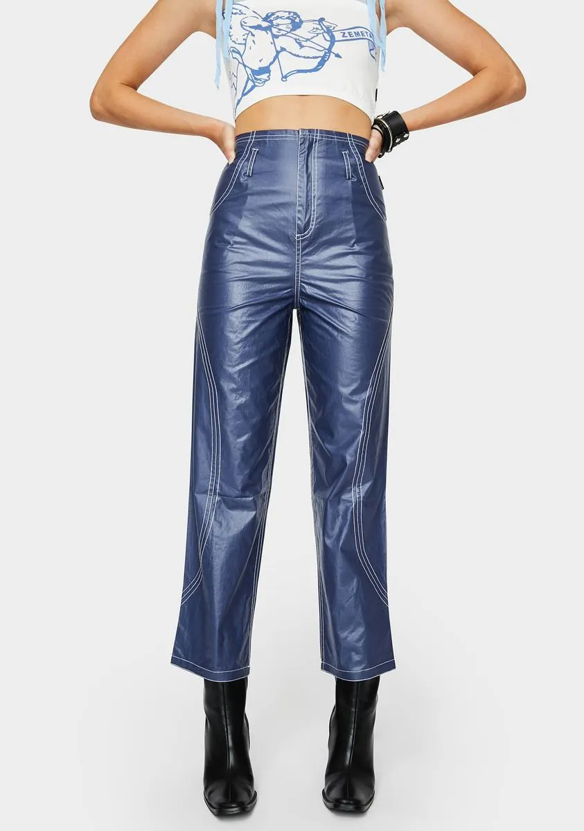 Navy Glossy High Waist Pants