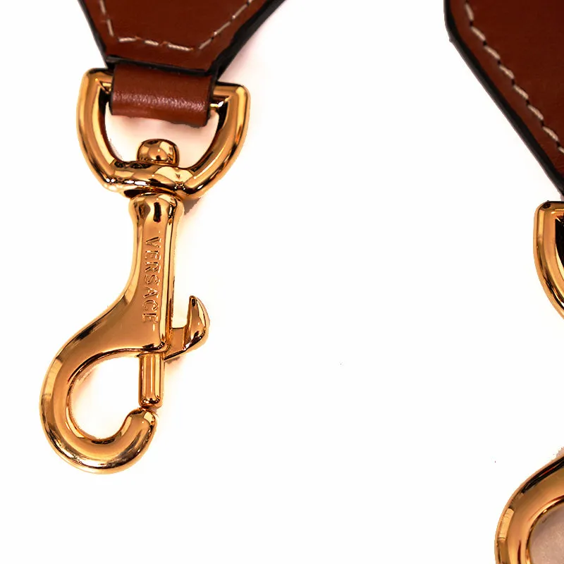 NEW $425 VERSACE RUNWAY Cognac Nylon Leather LOGO LA GRECA Embroidered BAG STRAP