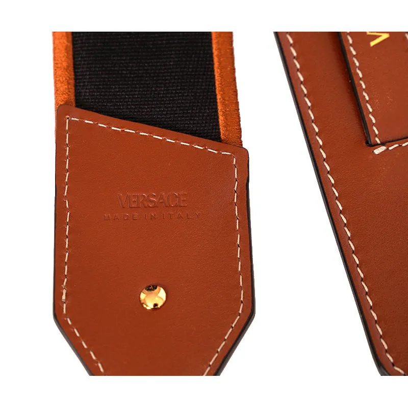 NEW $425 VERSACE RUNWAY Cognac Nylon Leather LOGO LA GRECA Embroidered BAG STRAP