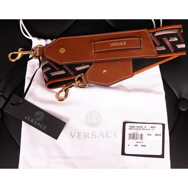 NEW $425 VERSACE RUNWAY Cognac Nylon Leather LOGO LA GRECA Embroidered BAG STRAP