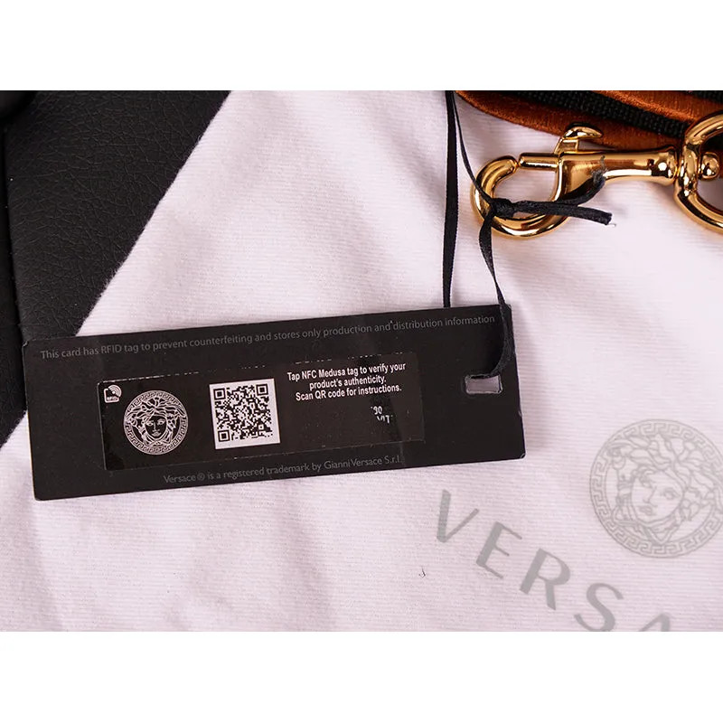 NEW $425 VERSACE RUNWAY Cognac Nylon Leather LOGO LA GRECA Embroidered BAG STRAP